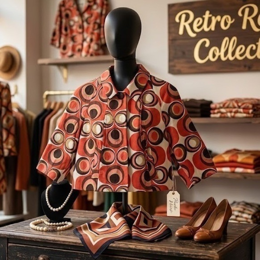 AGB Vintage Retro 1960s Style Circle Print Boxy Crop Jacket Top Orange Size 12‎